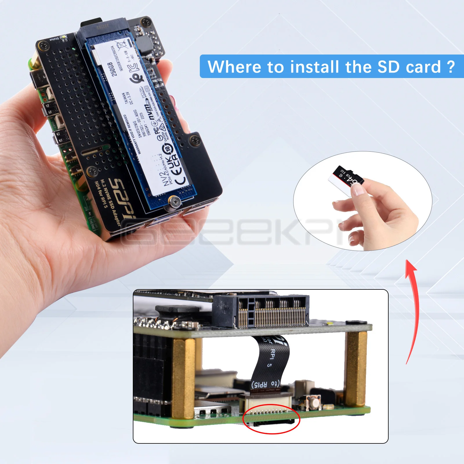 Geeekpi Raspberry Pi 5 N04 M.2 2280 PCIE TO NVMe บอร์ดขยายด้านบนเข้ากันได้กับ Pi5ราสเบอร์รี่