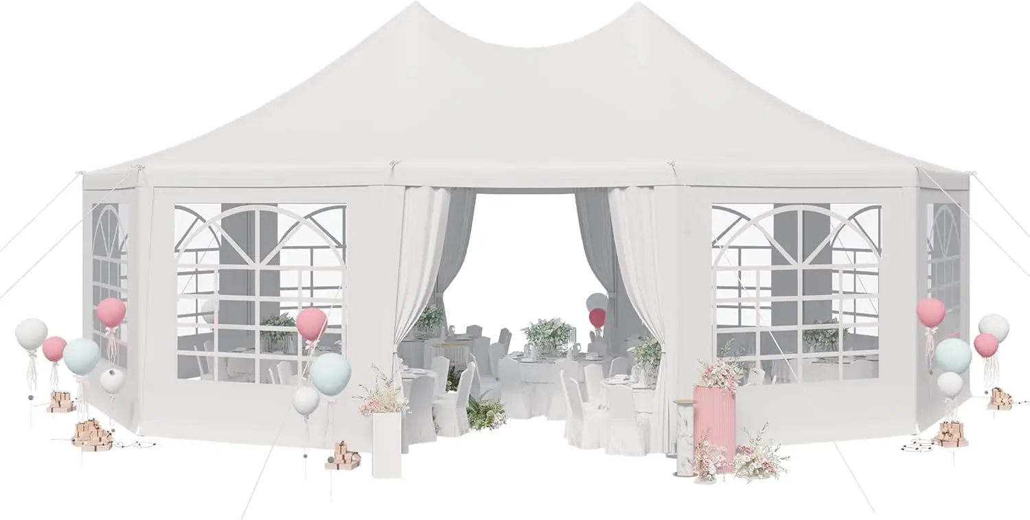 26'x19' Tent White Wedding Tent Decagonal Heavy Duty Canopy with 8 Removable Sidewalls 8 Church Windows and 2 Pull-Back Doors