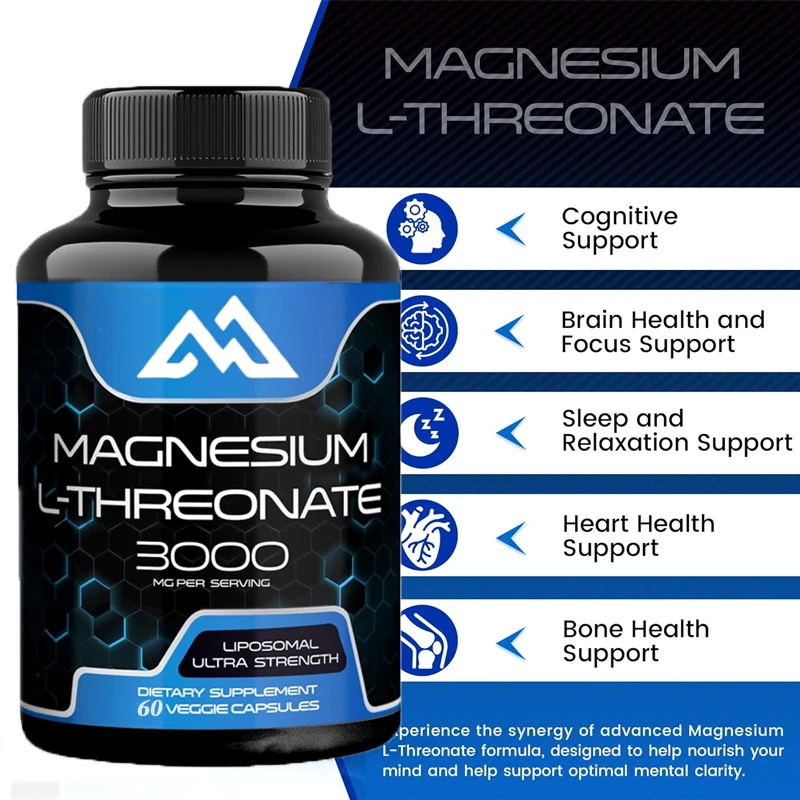 

L-Threonate Magnesium Supplemental Capsules 60 capsules with 3000mg high absorption liposomes for brain, sleep support, energy