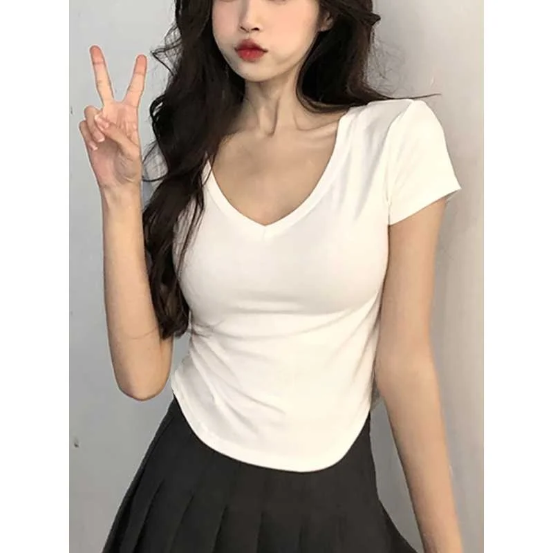 T-shirt v-ne ort Sve pour femmes, couleur Pure, coupe cintrée, Cleanfit h-sle, mi-année, Ciwalk Faion, tendance, été 2023