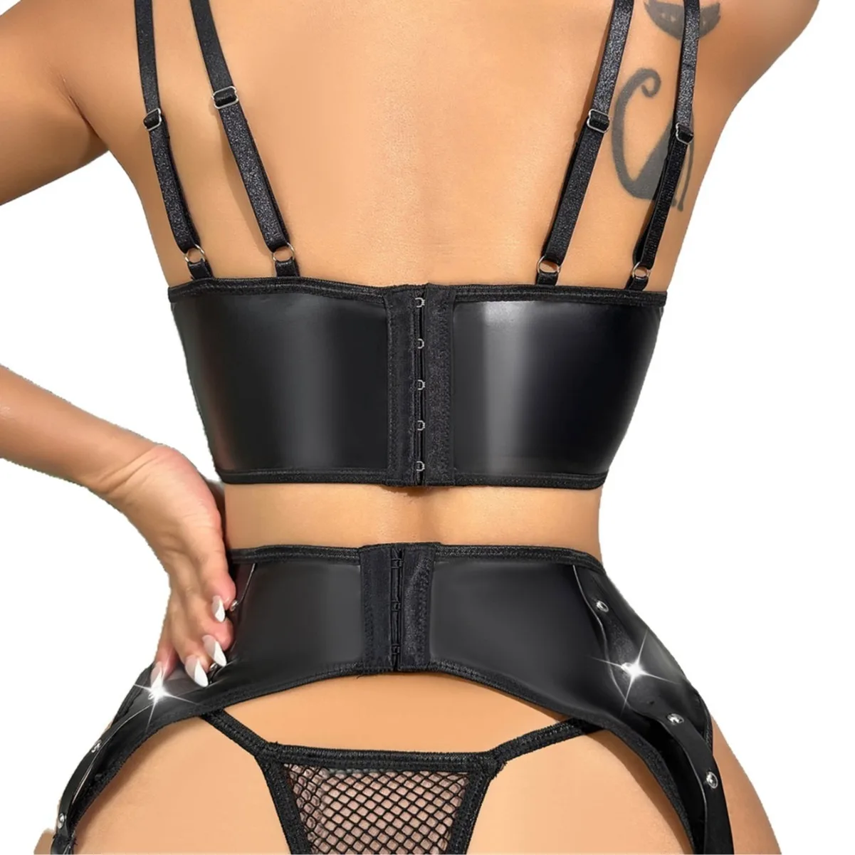 Latex Sexy Lingerie Set PU Leather Mesh Spliced Bustier Bra and Panties Women's… - Image 6