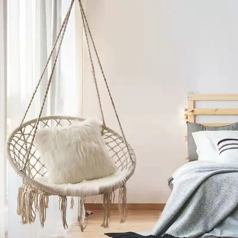 

Outdoor Hanging Chair Bed Cotton Rope Woven Tassel Basket Lazy Swing for Homestay Handmade Crafted Swings for Relaxation