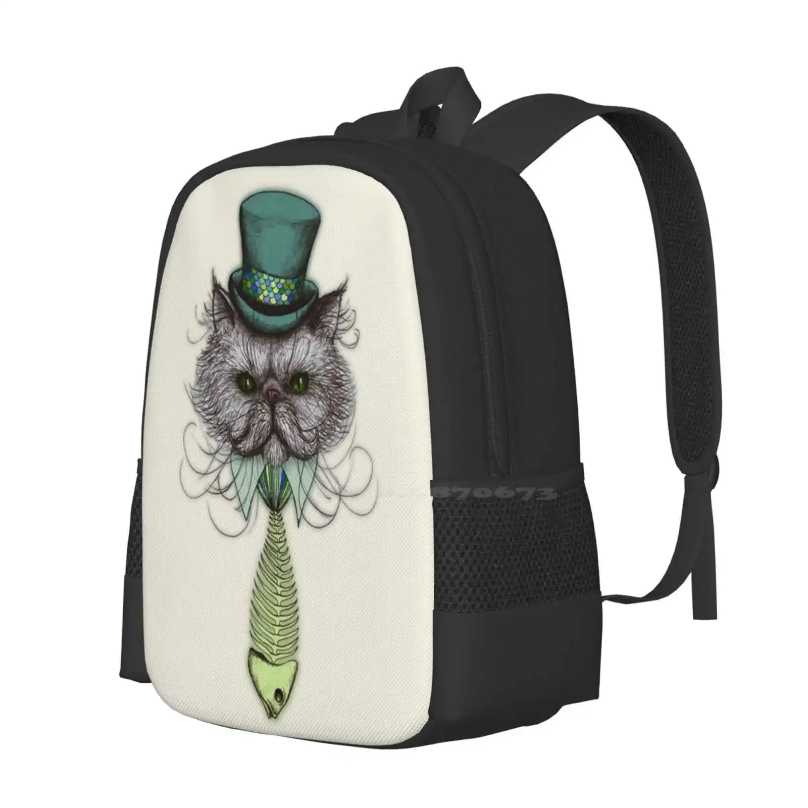 Not Your Average Cat Hot Sale Schoolbag Backpack Fashion Bags Cat Kitty Persian Fluffy Cute Gentleman Top Hat Tie Fish Bone