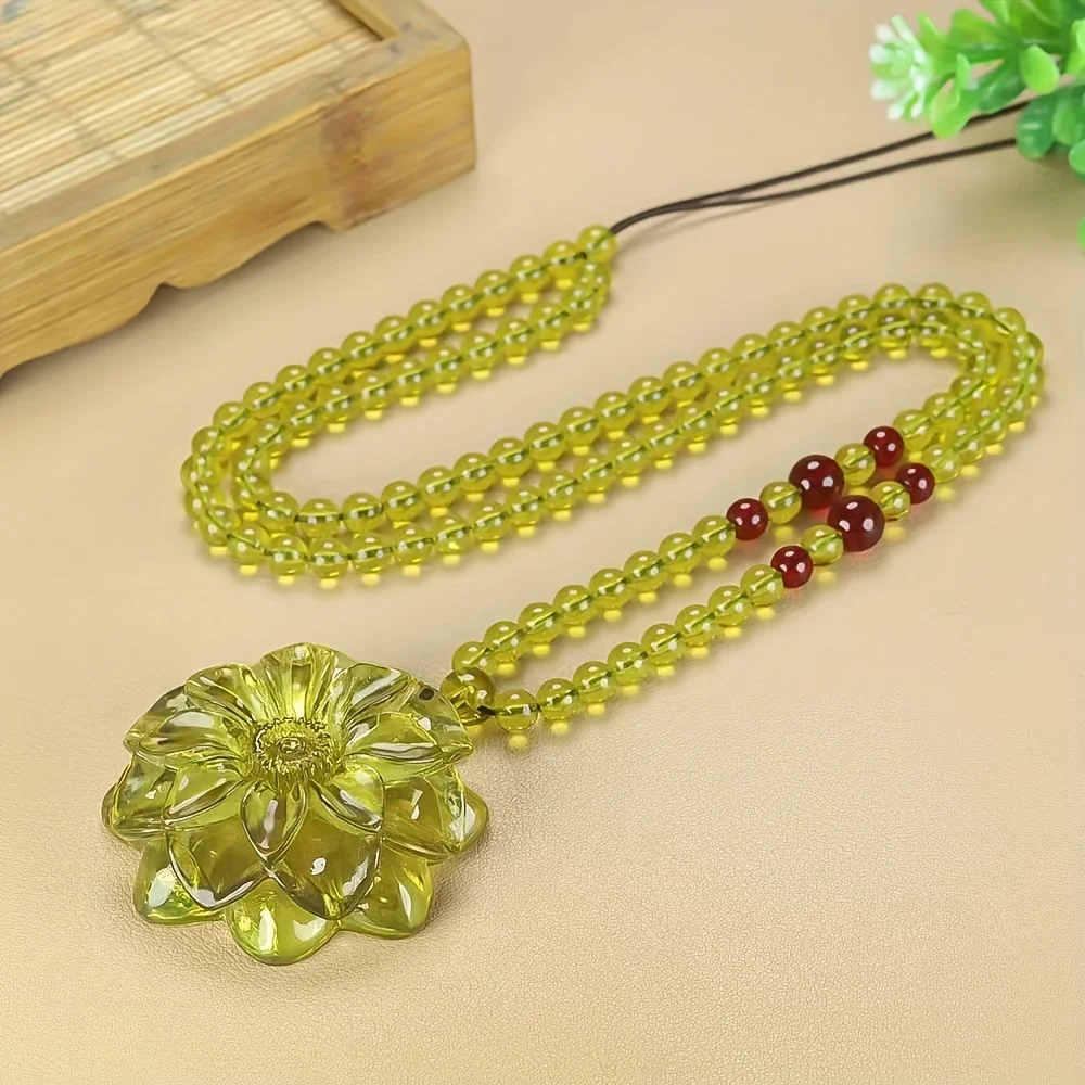 

Vintage Amber Flower Pendant Necklace - Yellow-green Bead Chain with Red Embellishment