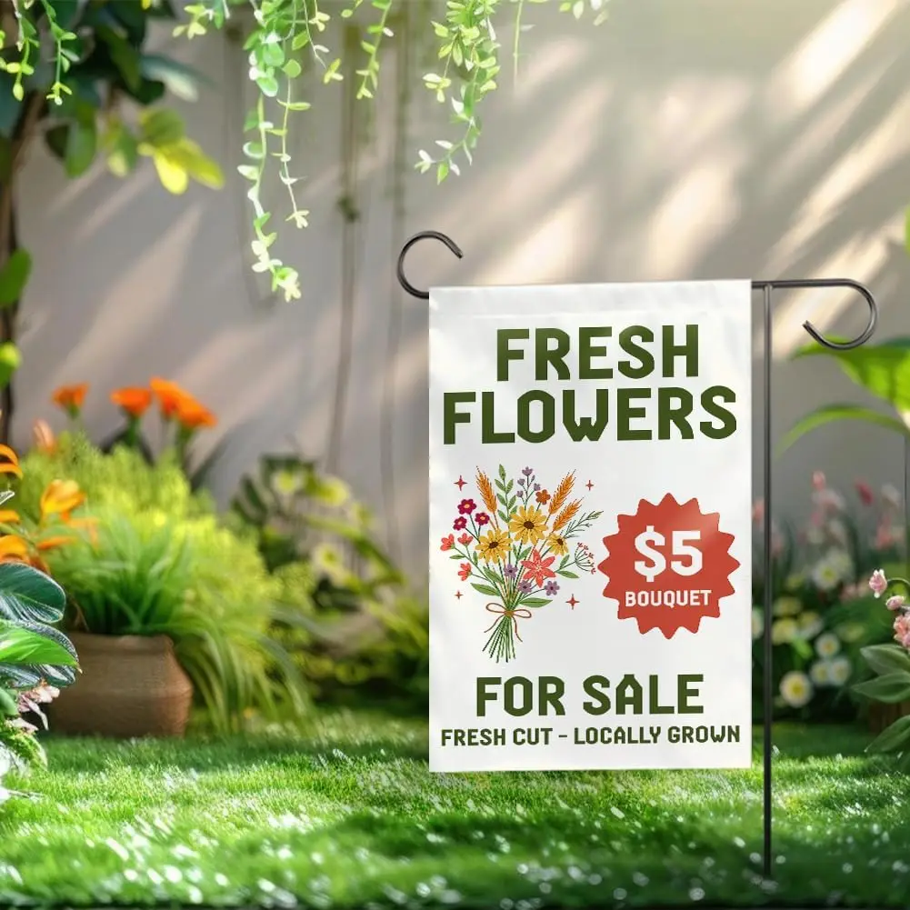 [12''x18''] Fresh Flowers Available Garden Flag, Fresh Flowers for Sale Farmhouse Farmers Market Outdoor Sig xxl