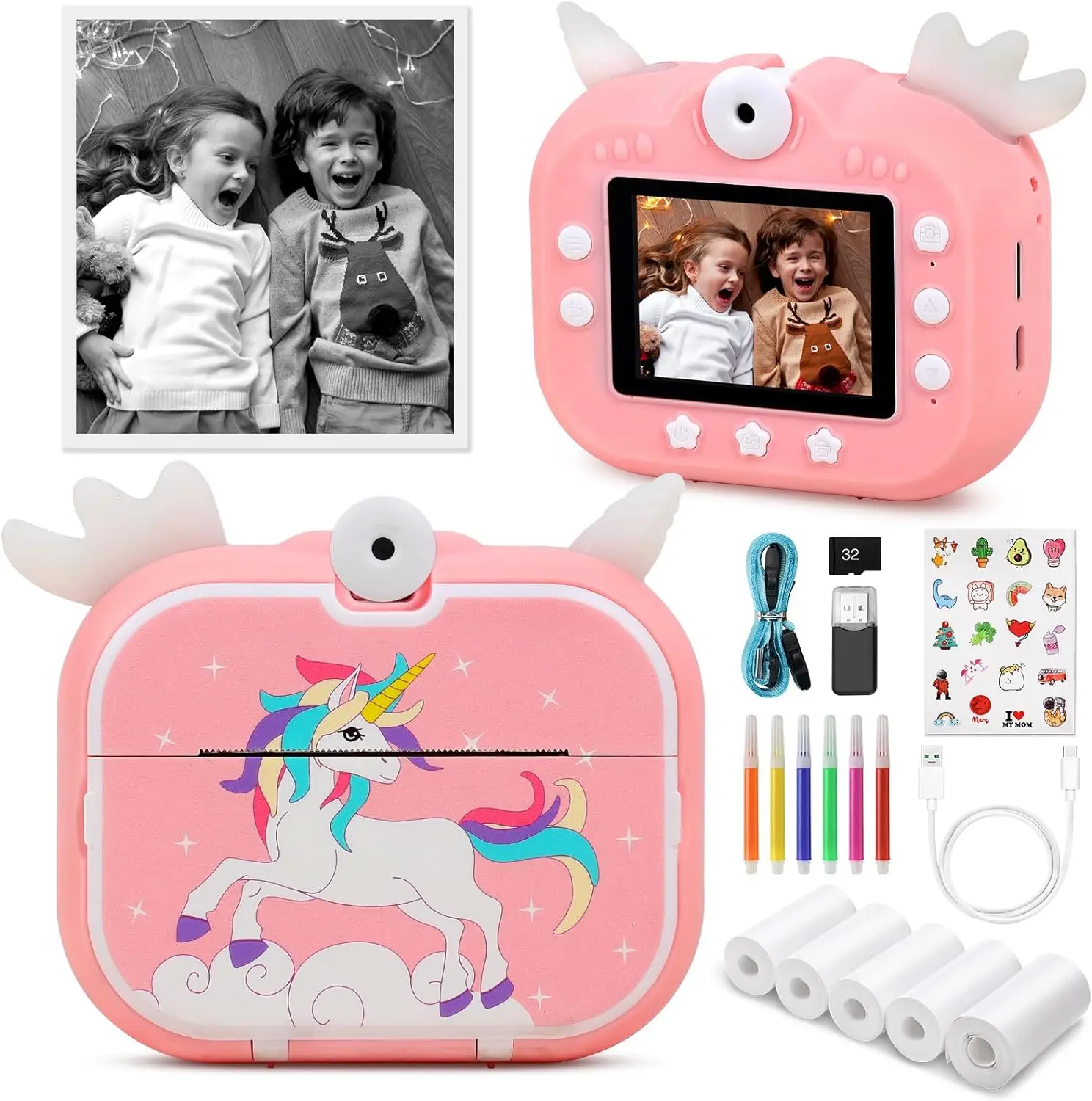 X3D Children's 2.4 Inch Cartoon Unicorn Instantly Photo Print Kids With 32GB Memory Best Gift