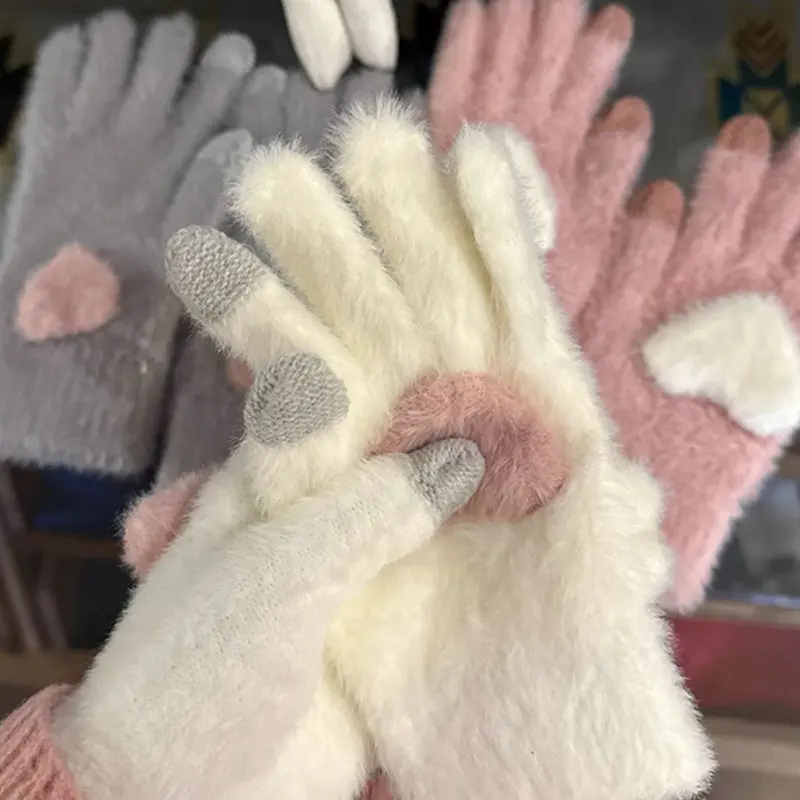 

Korean Gloves Knitted Women Touch Screen New Winter Soft Rabbit Wool Knitted Gloves Warm Lovely Girls' Pink Heart Mittens Gloves