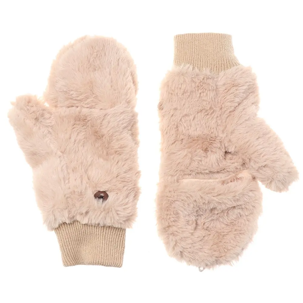 Winter Plus Velvet Windproof Thicken Warm Plush Mittens Faux Fur Gloves Flip Type Gloves