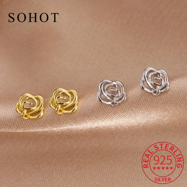 

Real 925 Sterling Silver Hollow Rose Flower Stud Earring for Women Romantic Plant Fine Jewelry Minimalist Customized Accessories