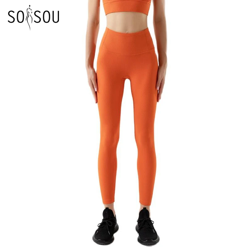 SOISOU Rib Fabric Gym Yoga Pants Leggings Women High Waist Tights Elastic Breathable Sports Leggings For Fitness Women\'s Pants