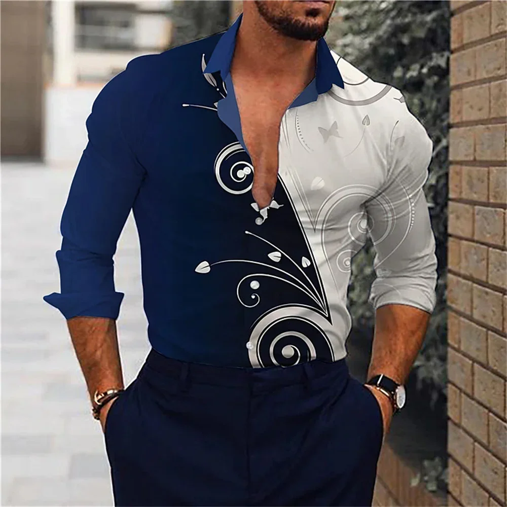 Men's 8-color Natural Curly Grass Pattern 3D Printed Long-sleeved Shirt Men's Business Casual Loose Large Size Outdoor Vacation