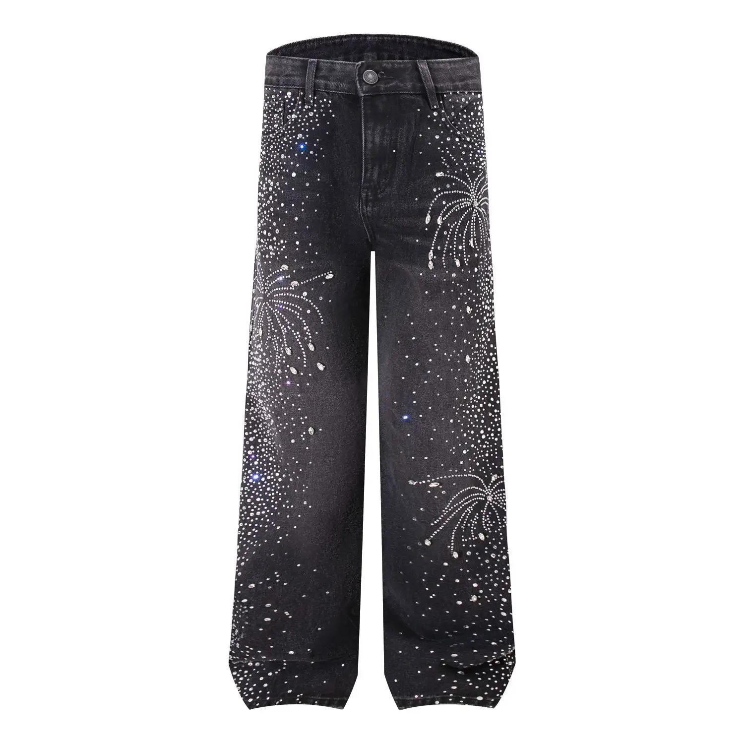 

Fashion High Street Vibe Style Jeans Pants With Hotfix Rhinestone Men's Streetwear Oversized Hip Hop Denim Trousers Designer