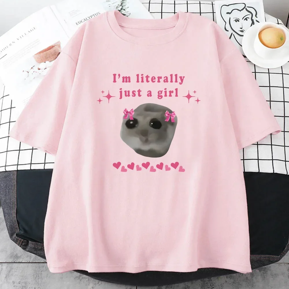 

Футболка с изображением грустного хомяка, футболка с надписью «I'm Just A Girl», хлопковые высококачественные футболки с круглым вырезом для женщин, Милая футболка с графическим принтом