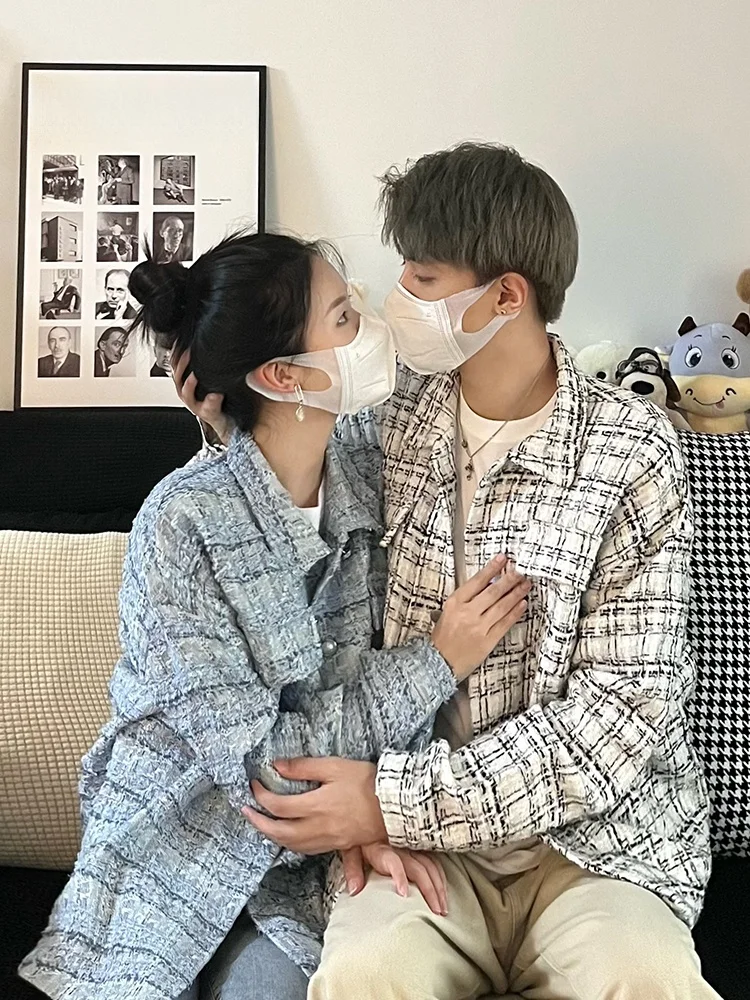 

American Retro irt Jaet Loose ex Autumn Spring Casual High Quali Couples Plaid Design Long Sve Button up Coat