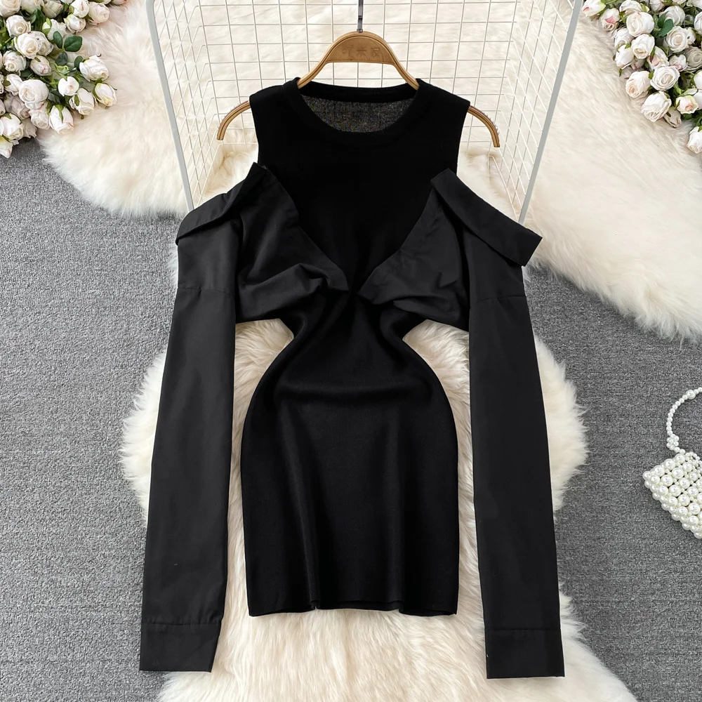 Schulter freies Hemd Patchwork Bodycon Mini kleid Frauen Mode Streetwear O-Ausschnitt Langarm schlanke Kordel zug geraffte Party kleider