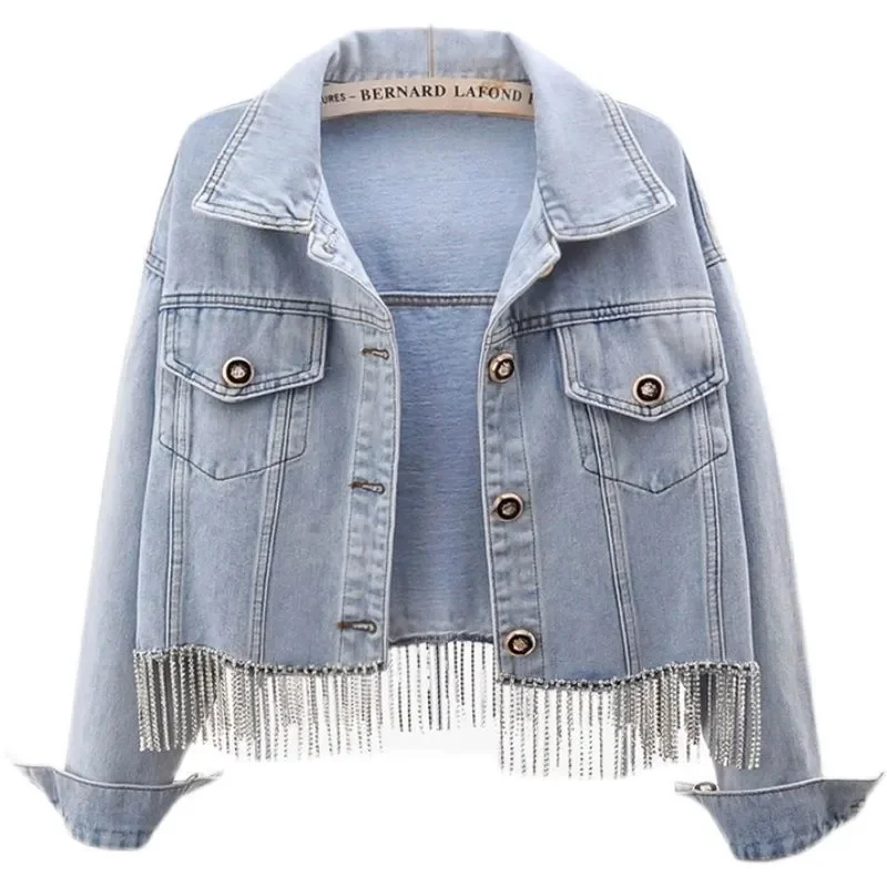 

Ladies Denim Jacket Women Nice New Autumn Turn Down Collar Jackets Long Sleeve Casual Bomber Jacket Tassel Jeans Coat Outerwear