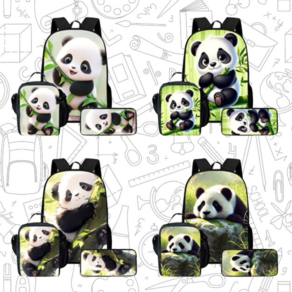 

Cartoon panda Child School Backpack With Lunch Bags Pencil Bags For Age 4-9,Light Weight School Bags For Boys Girls