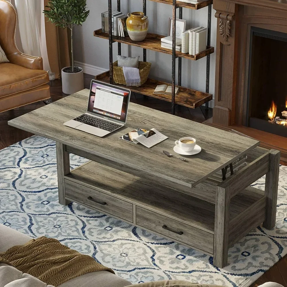 

Coffee table with drawers and hidden compartments, vintage central table with wooden lifting top, for living room, washed oak