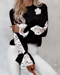 Colorblock Floral Pattern Lace Patch Sweatshirt Women Top