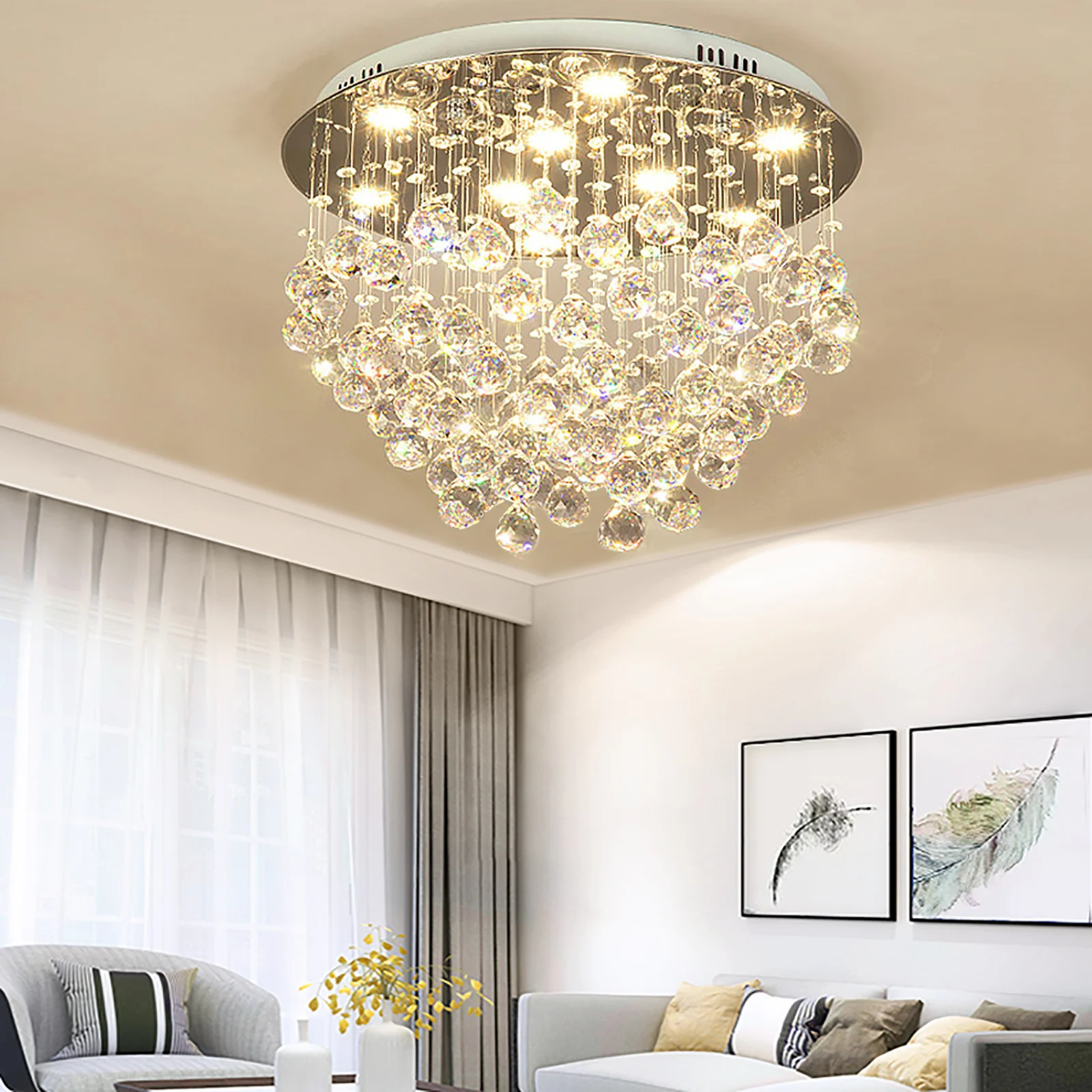 Prachtige kristallen plafondlamp met 9 GU10 lampenkoppen, roestvrij staal en K9 kristalontwerp voor huisverlichting, eenvoudig te installeren