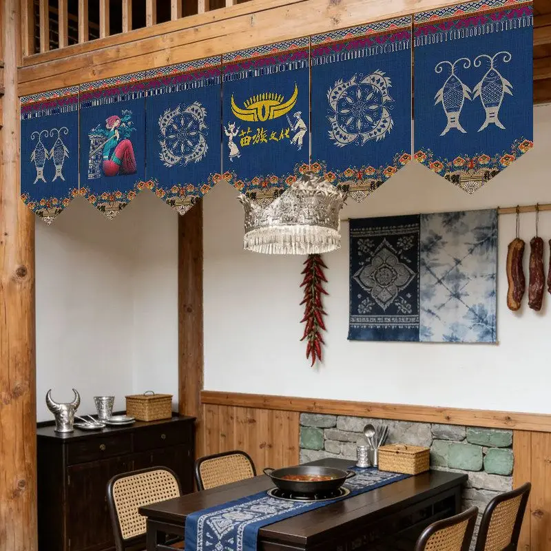 VIKAMA Ethnic Embroidery Navy Blue Triangle Bunting Pennant Hanging Flag Curtain for Ceiling Dining Room Home Wall Decor
