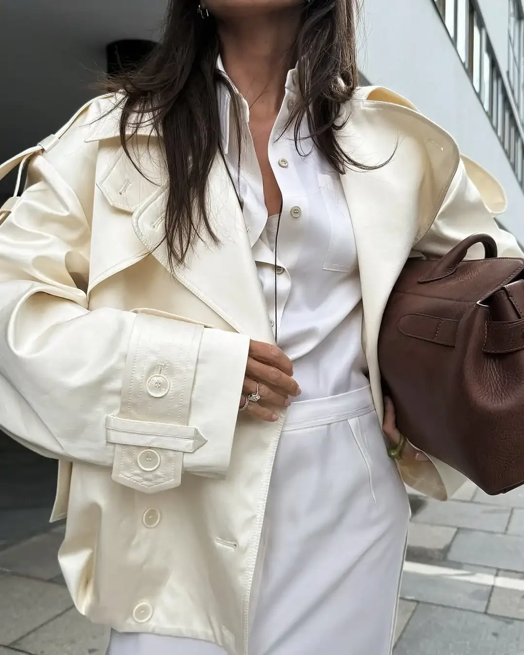 

Solid Lace Up Lapel Trench Coat Fashion Elegant V-neck Single Breasted Loose Jacket Autumn New Daily Commute Office Outerwear