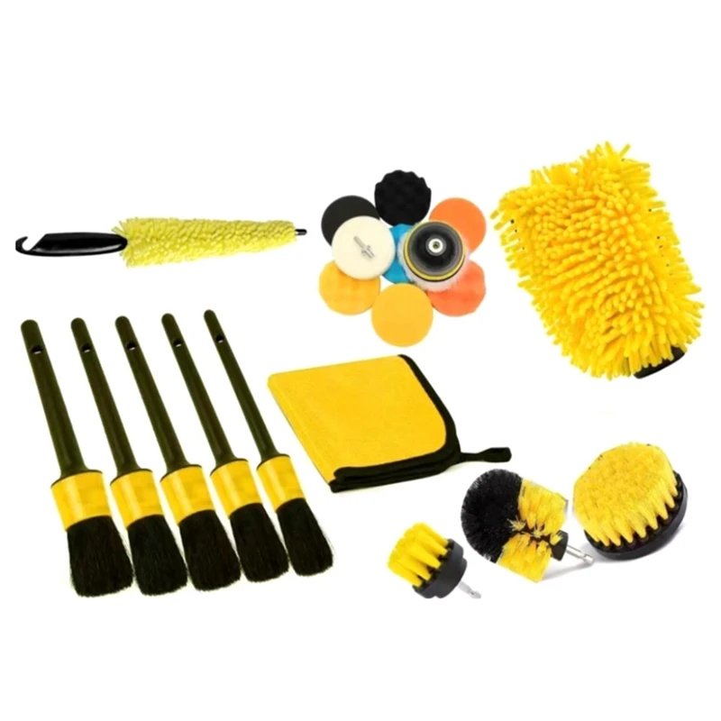 

Set Of 22 Yellow Electric Drill Cleaning Brush Car Wash Gloves Corn Tire Brush Car Wash Brush Yellow&Black