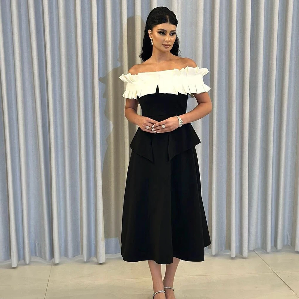 

Customized Off the Shoulder Black Jersey Evening Dress Contrast Color Draped Backless Party Dress A-line Tea-Length Prom Gown