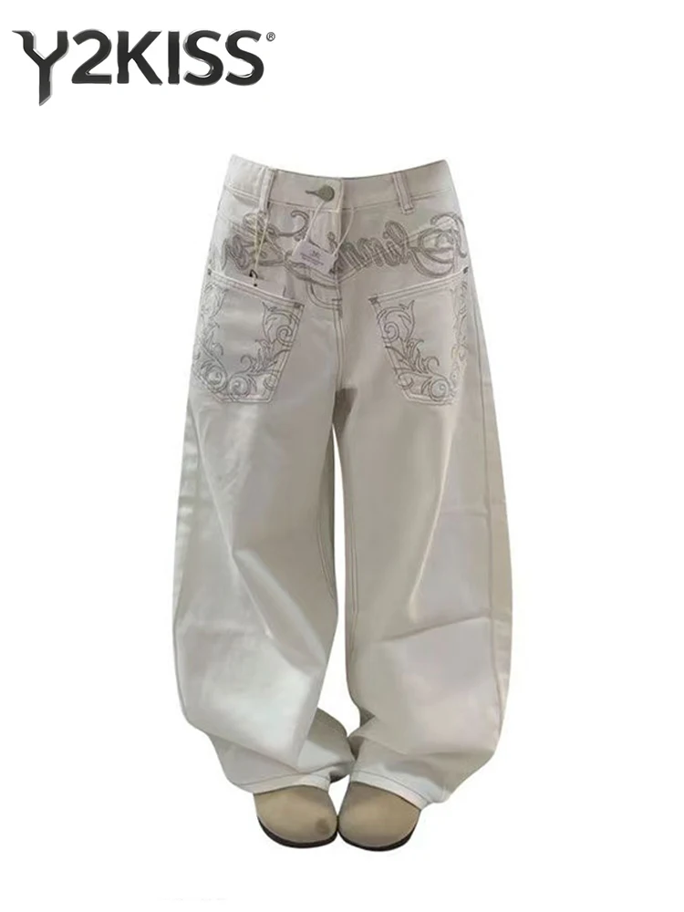 

Women's Baggy Jean White Denim Pants Embroidery Wide Fit Y2K Japanese Harajuku 2000s American Retro Grunge Tide High Street New