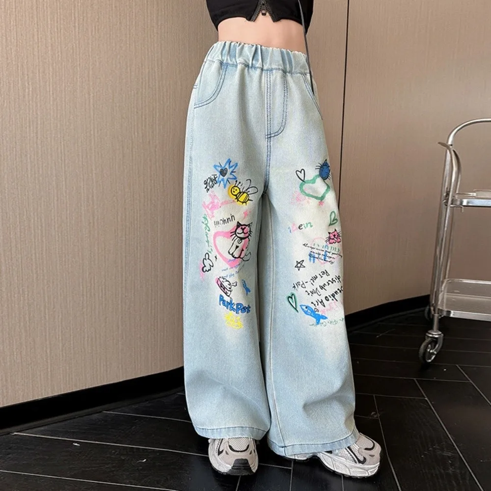 

Harajuku Straight Teen Girl Jeans Graffiti Loose Children Cartoon Jeans Wide Leg High Waist Girls Denim Trousers Girls Gift