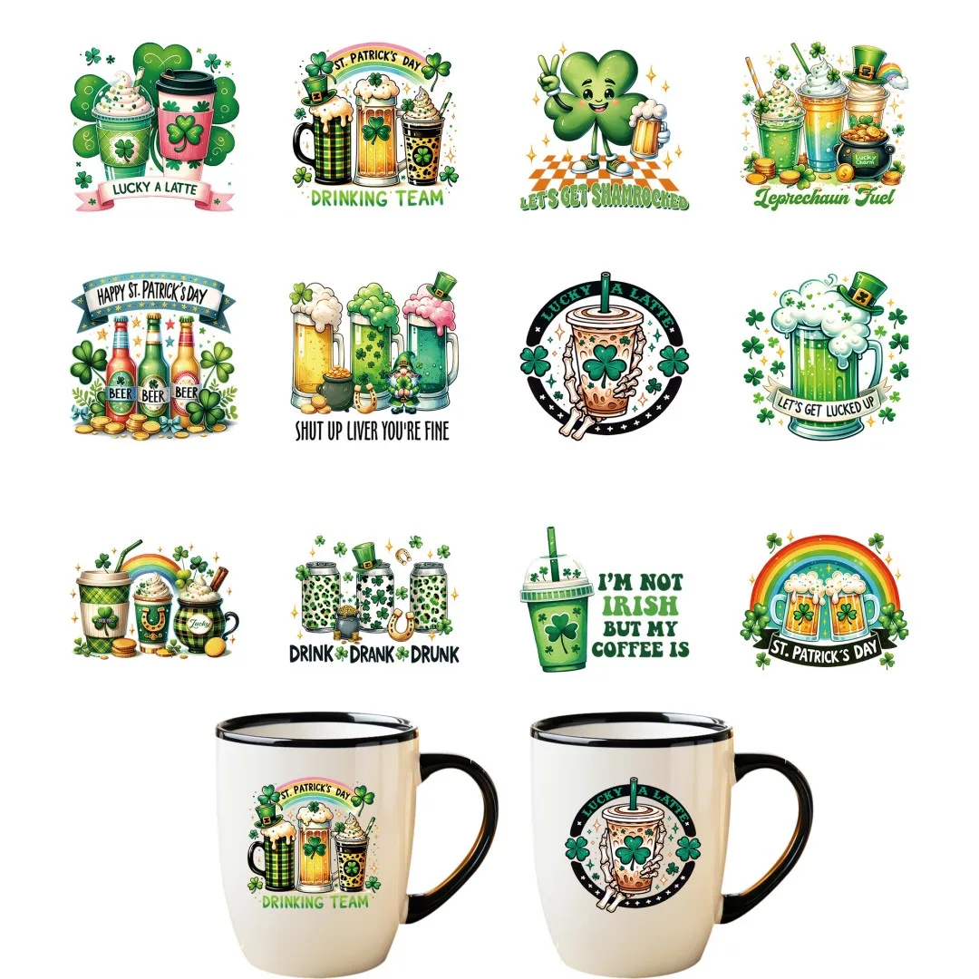 

12pcs Green Lucky Grass UV DTF Cup Stickers, Waterproof Sticker Pack For Decorating Mugs, Cups,DIY Art Supplies