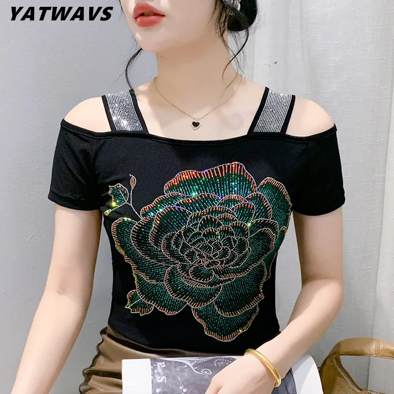 High Quality New Summer Sexy Off Shoulder Women\'s T-Shirt Chic Flower Hot Diamonds Tees Elegant Short Sleeved Slim Mesh Tops