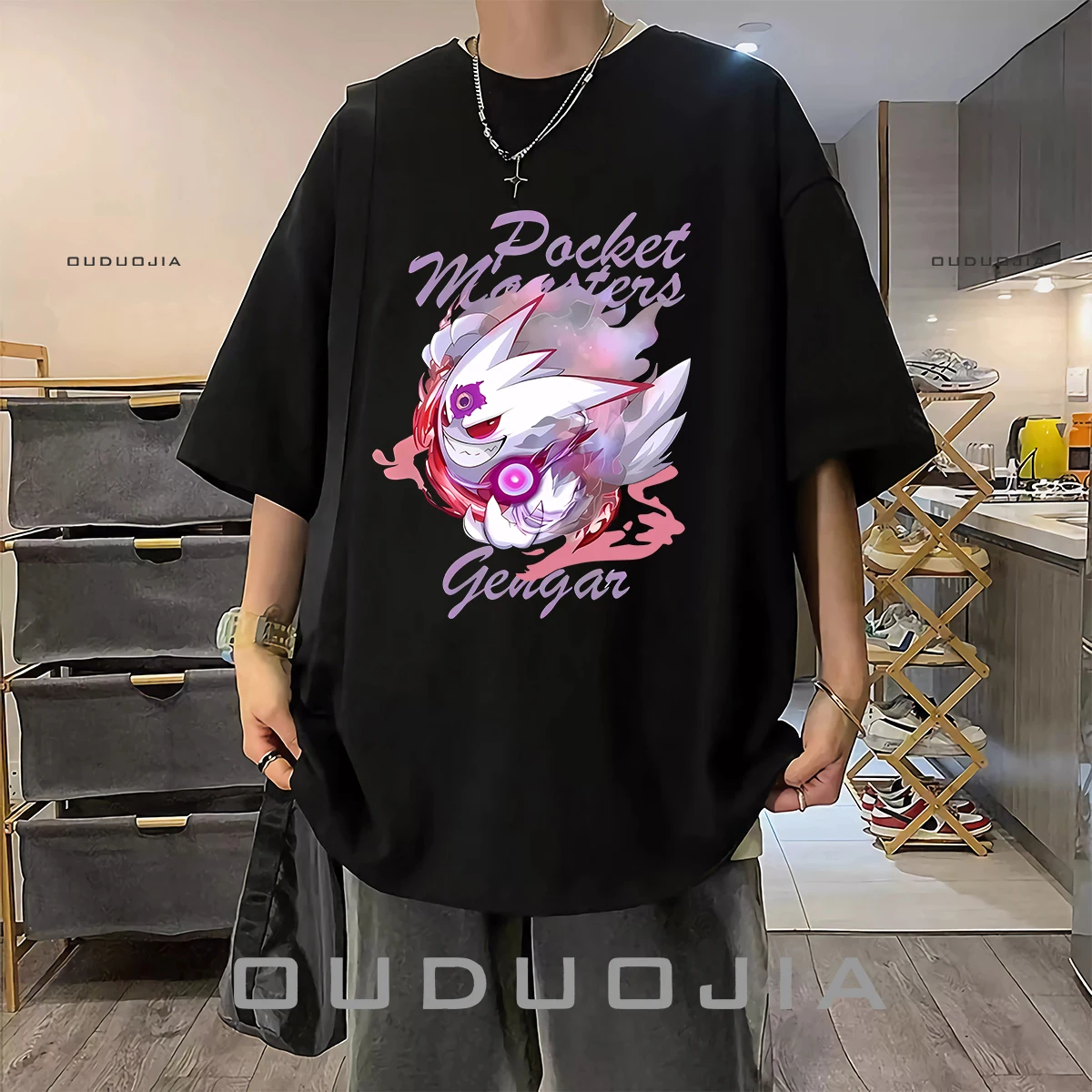 2024 Heavy 100% Cotton Male Pokémon Geng Ghost Loose Plus Size Spring Summer Ins Versatile Crew Neck T-Shirt