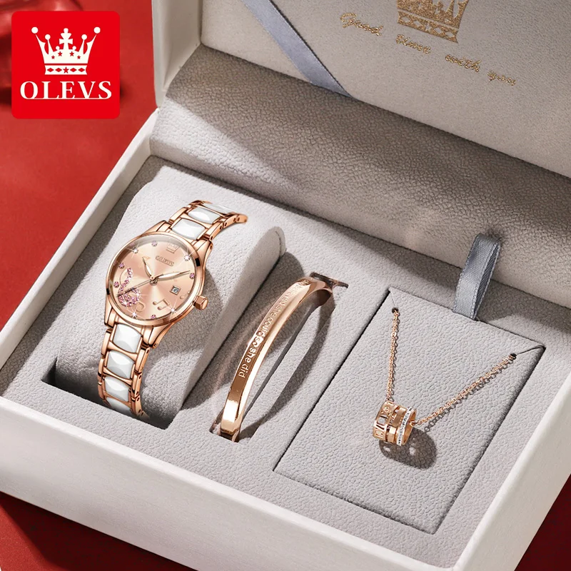 3 Stks/set Olevs Vrouwen Waterdicht Keramiek Horloge Luxe Kleurrijke Diamant Quartz Polshorloge Dames Ketting Armband Horloge Horloge Cadeau Set