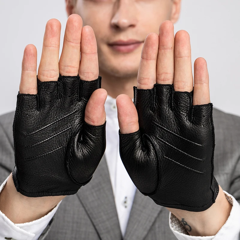 Primavera otoño hombres guantes de cuero genuino antideslizante medio dedo piel de cabra sin dedos gimnasio Fitness conducción guantes masculinos