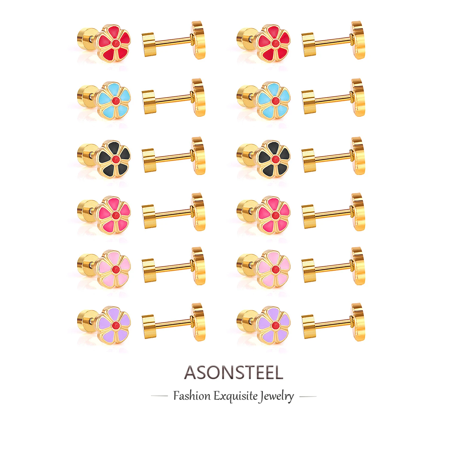 

ASONSTEEL 12pairs/Lots Sweet Flower Stud Earrings Piercing Stainless Steel Colorful Wholesale Screw Back Party Friend Gift Chic