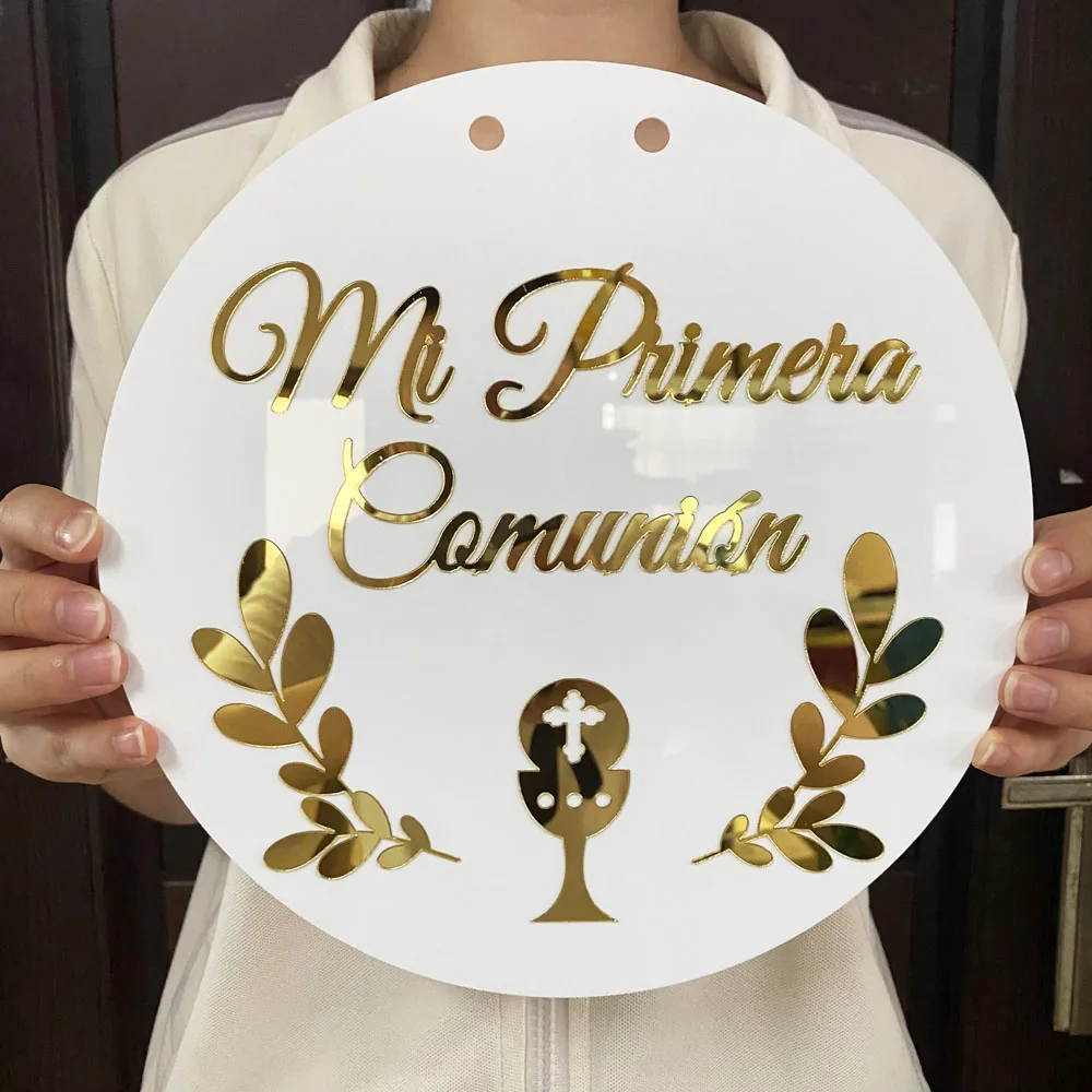 Mi Primera Comunión Espagnol Rond 3D Acrylique Signe Personnalisé, Nom Brodé, Confrontement de Sainte Communion, Décoration Murale