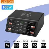 100W QC PD3.0 USB Charger Wireless Charger Quick Charge 8 Ports Multi Chargers Fast Charging Station For iPhone Samsung Xiaomi