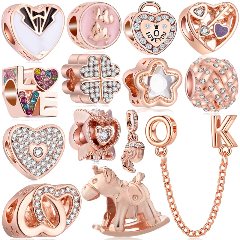 Delicate Rose Gold Plated Crystal Love Heart Bead Charms Fit Original Bracelet Charms Pendants for Jewelry Making DIY Gifts