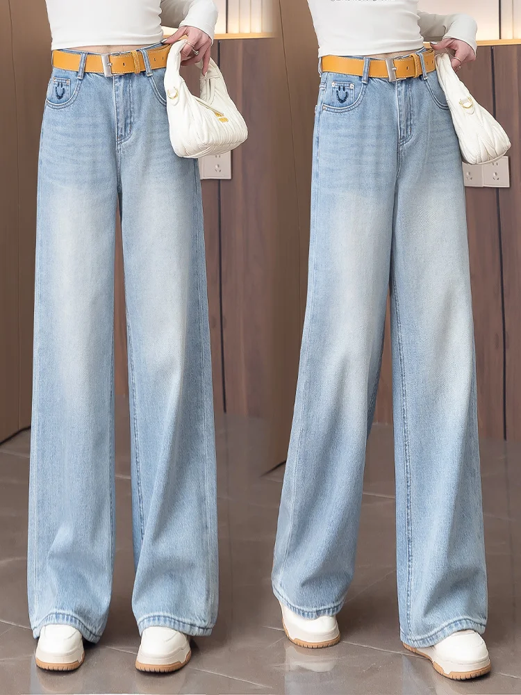 

High Waist Wide Leg Denim Jeans Women's Spring Autumn New Style Narrow Version Casual Pants Retro Embroidery Straight Leg Pants