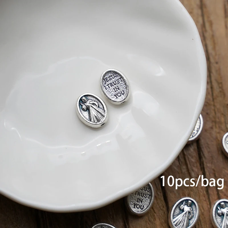 10 pièces Perles d'espacement religieuses ovales couleur argent antique, icône de Jésus double face Divine Miséricorde, pour la fabrication de chapelets, colliers et bracelets DIY