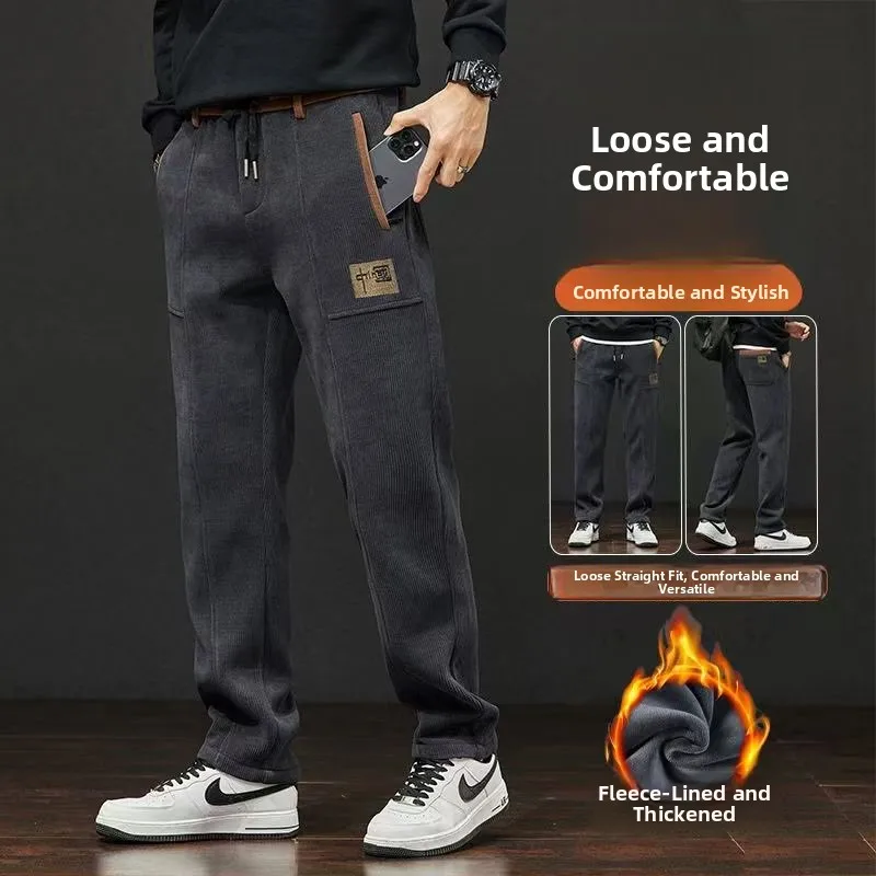 

New 2025 Men's Casual Pants Fce Lined Sports Sle Straight Leg Autumn Winter Corduroy Loose Fit Long Trousers
