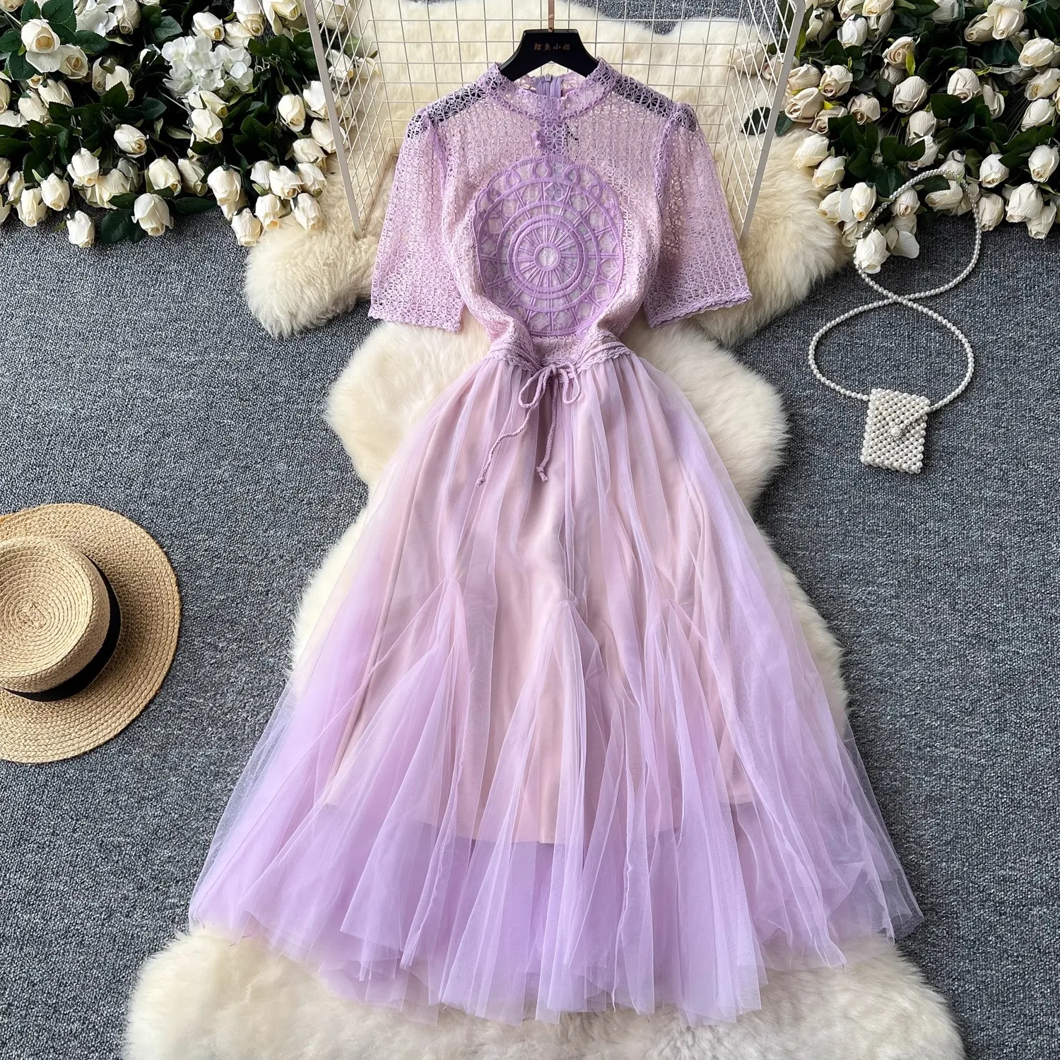 Summer Elegant Hollow Out Flower Embroidery Lace Spliced Organza Dress Women's Stand Lantern Sleeve Holiday Beach Party Vestidos