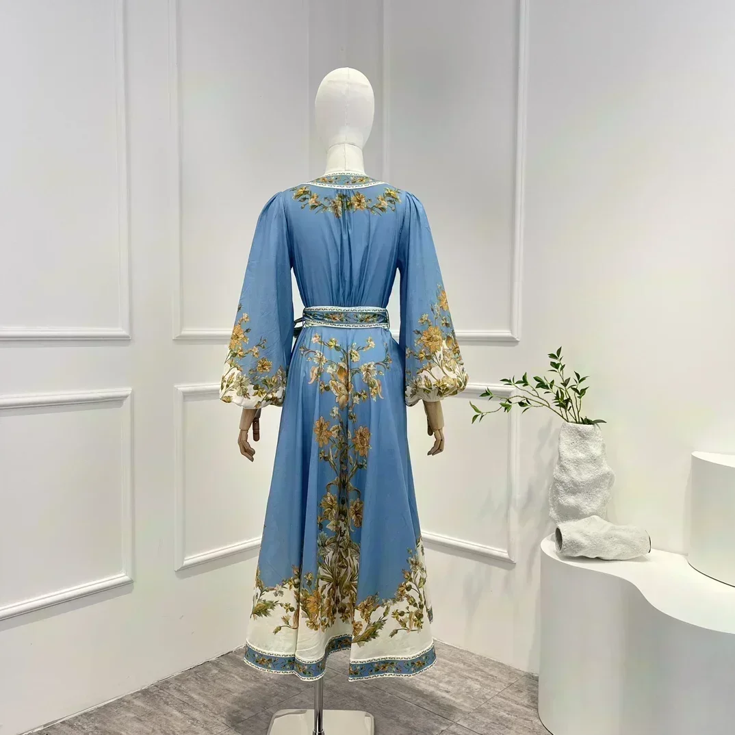 Robe mi-longue en coton à imprimé floral pour femme, manches rondes lanterne, bleu, vintage, haute qualité, printemps, été, nouveau, 2023