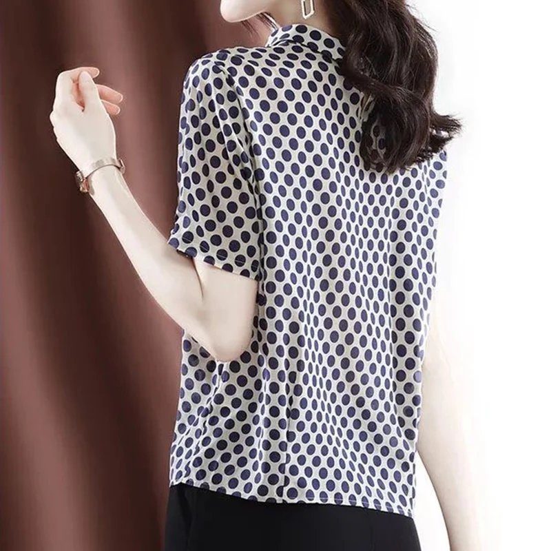 Elegant Fashion Polka dot Printing Button Bow Chiffon Shirt Summer 2023 O-Neck Short Sleeve Loose Pullover Blouse Women Clothing