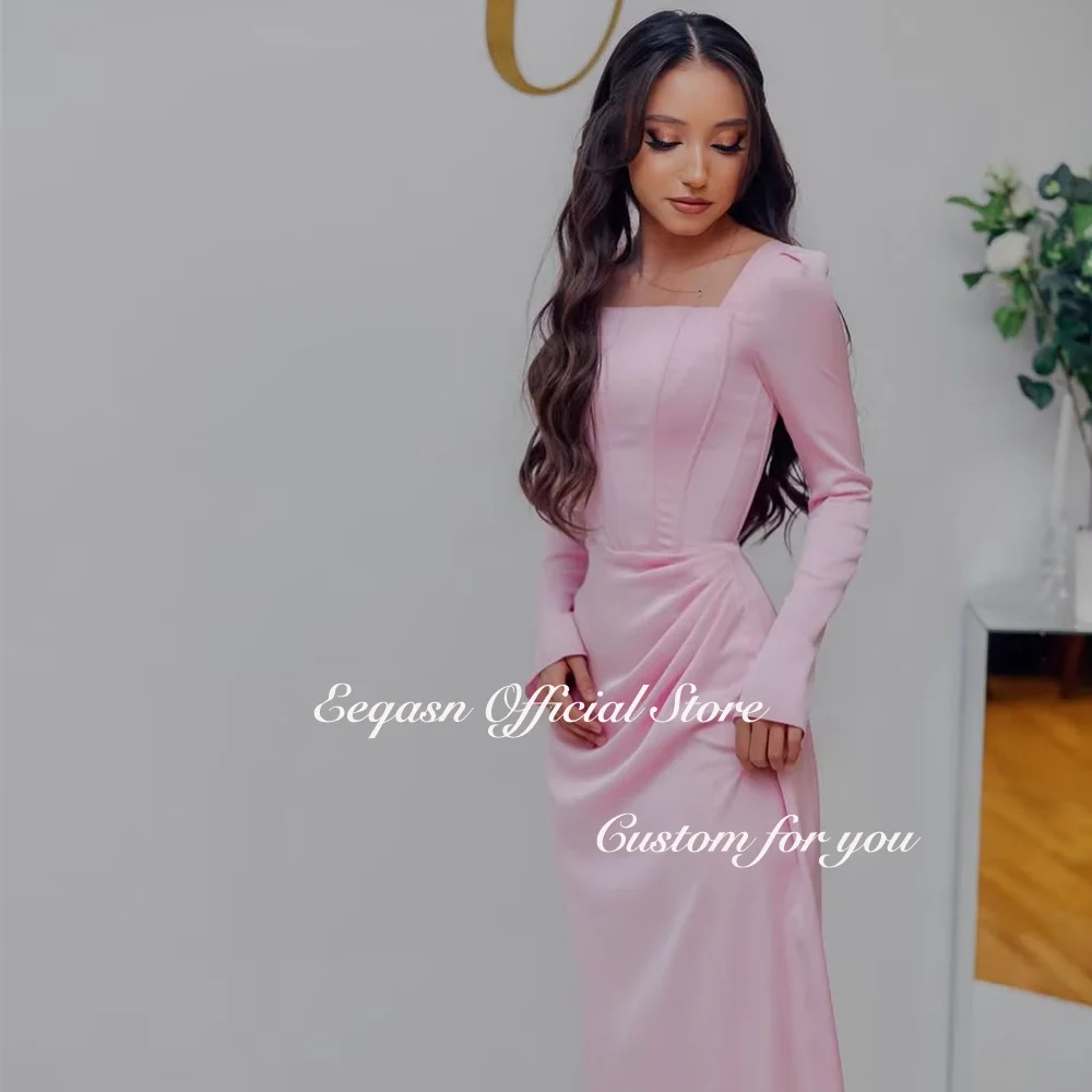 Mermaid Pink Evening Dress Floor Length Long Sleeve Woman Party Dresses Prom Wedding Sharon Happy 2025 Formal Gown Customized