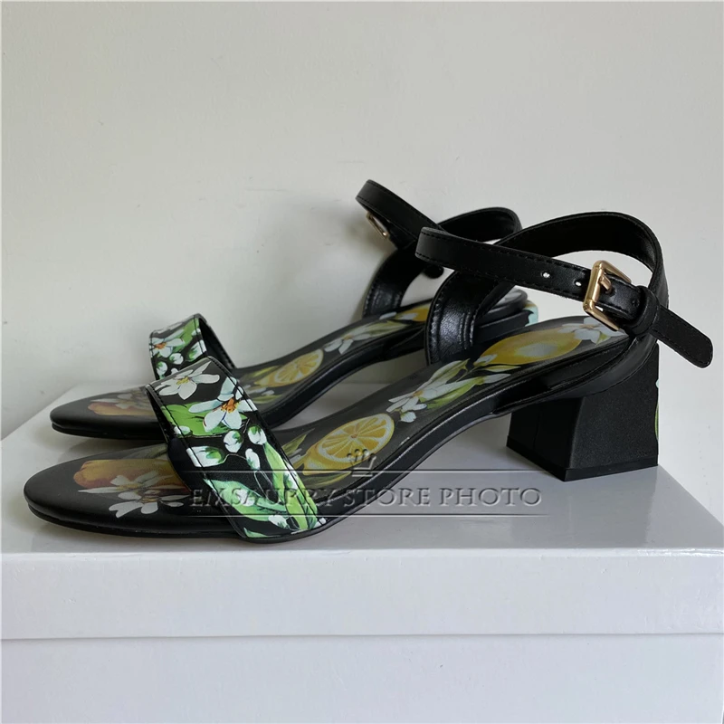 Stampa fiore sandali con un cinturino donna tacco quadrato in vera pelle Open Toe Outwear scarpe estive per ragazze