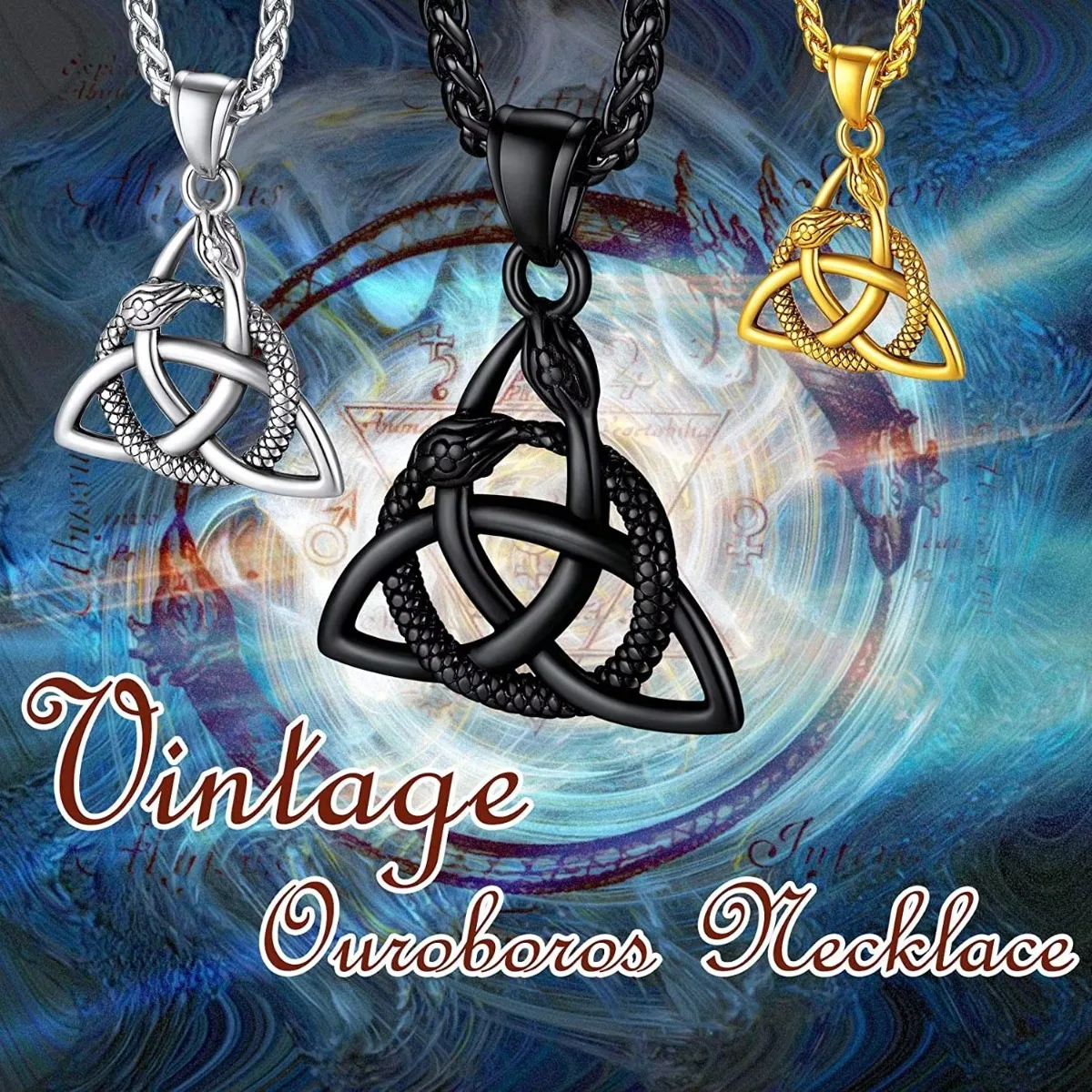 ChainsPro Men Women Vintage Irish Jewelry Snake Ouroboros Triangle Celtic Knot Triquetra Pendant Necklace Stainless Steel CP718