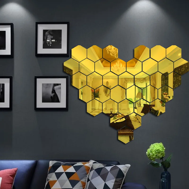 Miroir mural hexagonal géométrique 3D en acrylique, autocollants de fond de salon, décor de chambre à coucher, accessoires pour la maison, cadeau,