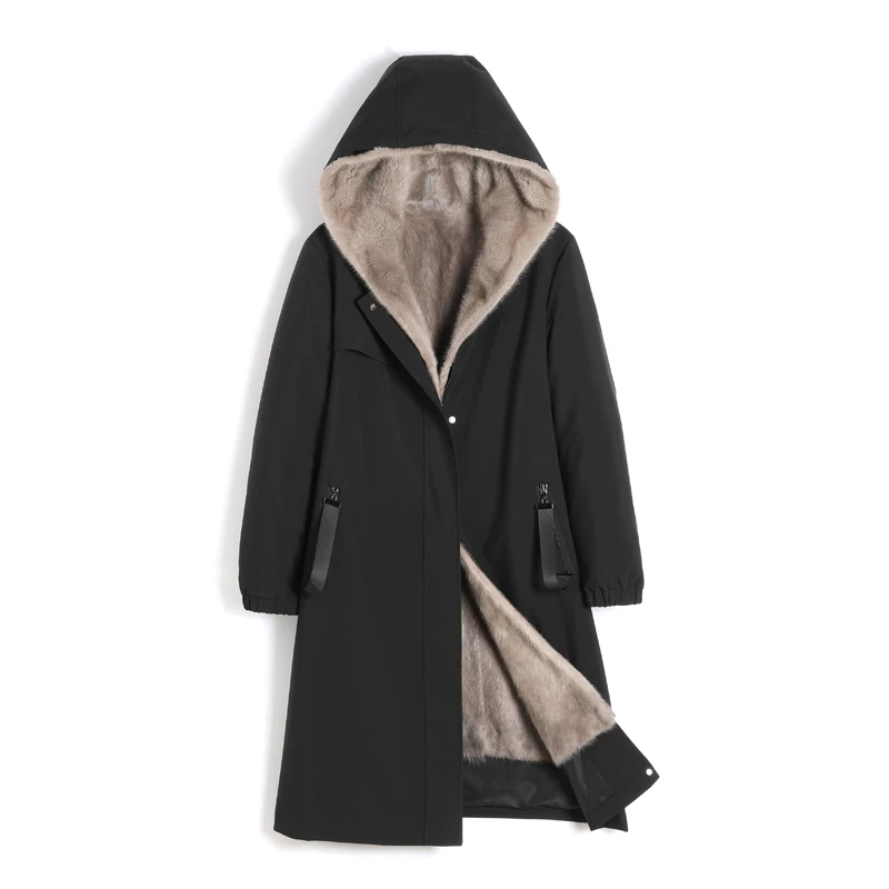 Parka en fourrure véritable pour femme, manteau mi-long, vestes à capuche, doublure en fourrure de vison, luxe, hiver, 2023